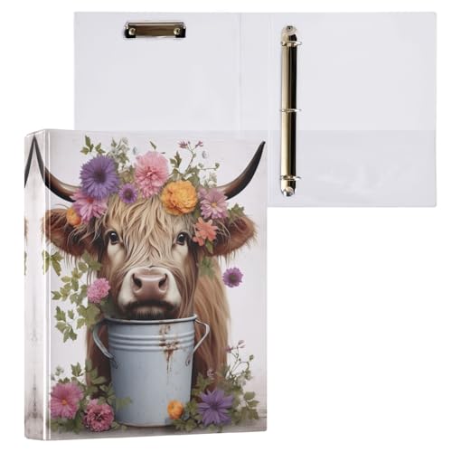 Ringbuch mit 3 Ringen, 3,8 cm, niedliche Highland-Kuh-Blumen, dekorativer Drei-Ringordner für 200 Blatt, langlebige Basisordner für Schulbedarf, 1 Packung von CHIFIGNO