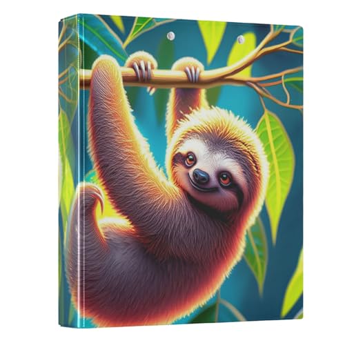 Ringbuch mit 3 Ringen, 3,8 cm, niedliches Faultier-grüne Zweigblätter, runder Ringordner mit 3 Innentaschen, einfaches Notizbuch für Schule, Bürobedarf, 1 Packung von CHIFIGNO