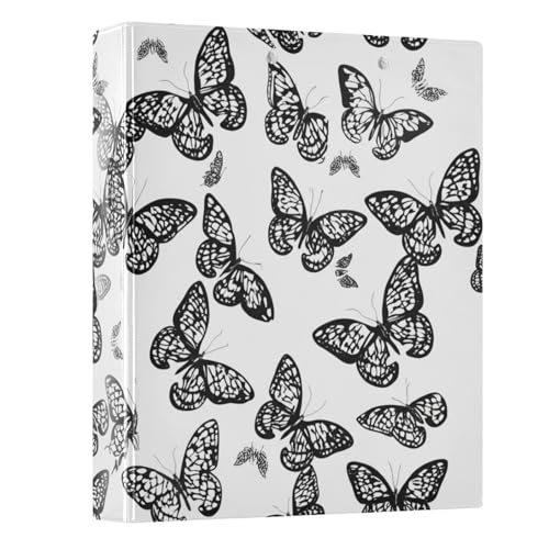 Ringbuch mit 3 Ringen, 3,8 cm, schwarz-weiße Schmetterlinge, runder Ringordner mit rutschfestem Clip, einfacher Ordner-Organizer für Schule, Büro, 1 Packung von CHIFIGNO