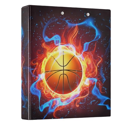 Ringbuch mit 3 Ringen, 3 Ringe, cooler Basketball, Blau, Orange, Feuer, runder Ringordner mit 3 Innentaschen, langlebige Basisordner für Schulbedarf, 1 Packung von CHIFIGNO