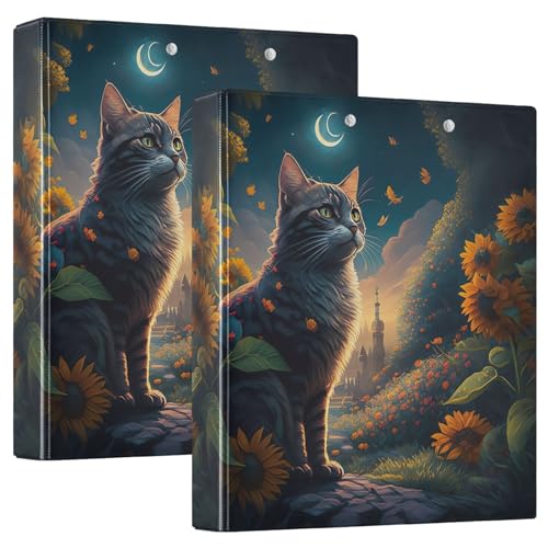 Ringbuch mit 3 Ringen, Retro-Katze, Sonnenblumen, Sternennacht, 3,8 cm, Basic Binder Notizbuch mit 3 Innentaschen, niedlicher Ordner, drei Ringe für Schulbedarf, 2 Stück von CHIFIGNO