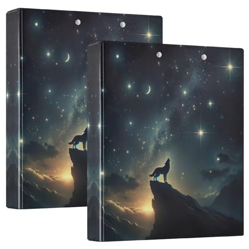 Ringbuch mit 3 Ringen, Sternennacht, heulender Wolf, 3,8 cm, einfacher Ordner-Organizer mit 3 Innentaschen, dekoratives süßes Drei-Ringbuch für Schulbedarf, 2 Stück von CHIFIGNO