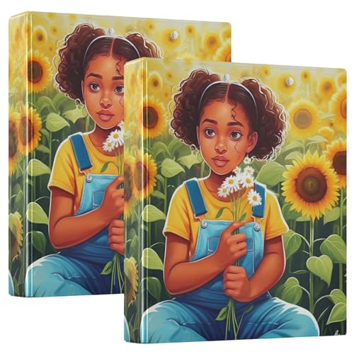 Ringordner mit 3 Ringen, Motiv: süße afrikanische Mädchen, Sonnenblumen, 3,8 cm, mit 3 Innentaschen, dekorativer niedlicher Ordner für Schule, Büro, 2 Stück von CHIFIGNO