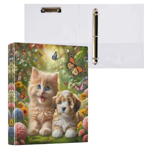 Runder Ringbuch, 3,8 cm, 3 Ringe mit 3 Innentaschen, Notizbuchordner für Schule, Bürobedarf, niedliche Katze, Hund, Schmetterlinge, Blumen, 1 Packung Runder Ringbuch, 3,8 cm, 3 Ringe mit 3 Innentaschen, Notizbuchordner für Schule, Bürobedarf, niedliche Katze, Hund, Schmetterlinge, Blumen, 1 Packung von CHIFIGNO