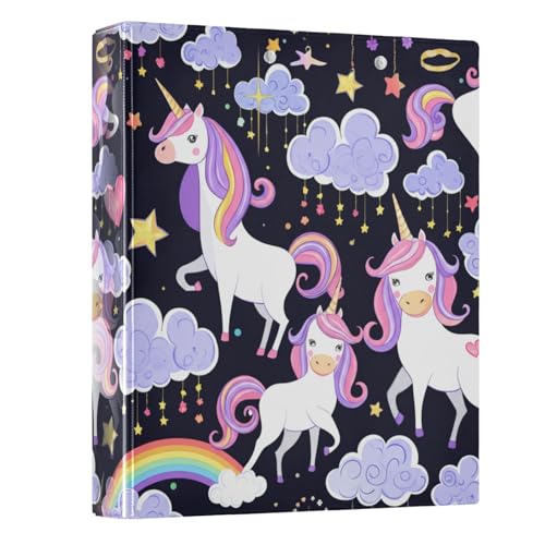 Runder Ringbuch, 3 Ringe, 3,8 cm, hält 200 Blatt, Basisbuch, Notizbuch für Arbeit, Schule, Büro, niedliche weiße Einhörner, violett, schwarz, 1 Packung Runder Ringbuch, 3 Ringe, 3,8 cm, hält 200 Blatt, Basisbuch, Notizbuch für Arbeit, Schule, Büro, niedliche weiße Einhörner, violett, schwarz, 1 Packung von CHIFIGNO
