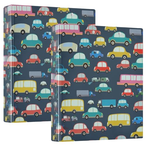 Runder Ringordner mit 3 Ringen, 3,8 cm mit 3 Innentaschen, Notizbuchordner für Schule, Bürobedarf, niedliche Cartoon-Fahrzeuge, Autos, Blau, 2 Stück von CHIFIGNO