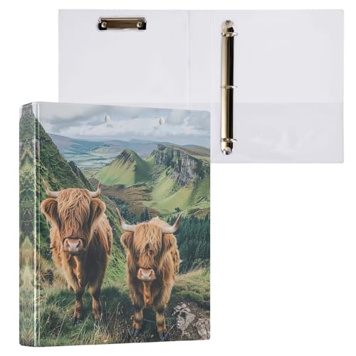 Runder Ringordner mit 3 Ringen, Motiv: Berglandschaft, Hochlandkühe, 3,8 cm, für 200 Blatt, einfacher Ordner, Organizer für Schule, Büro, Zuhause, 1 Stück Runder Ringordner mit 3 Ringen, Motiv: Berglandschaft, Hochlandkühe, 3,8 cm, für 200 Blatt, einfacher Ordner, Organizer für Schule, Büro, Zuhause, 1 Stück von CHIFIGNO