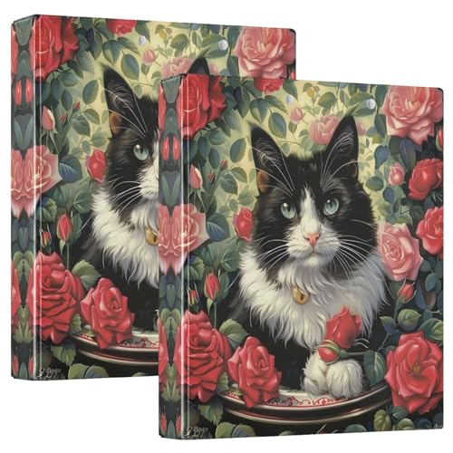 Schwarz-weiße Katzen-rote Rosen, Vintage, 3,8 cm, 3 Ringe, langlebige Basisordner mit rutschfestem Clip, dekorativer Drei-Ringordner für Schule, Büro, Zuhause, 2 Stück Schwarz-weiße Katzen-rote Rosen, Vintage, 3,8 cm, 3 Ringe, langlebige Basisordner mit rutschfestem Clip, dekorativer Drei-Ringordner für Schule, Büro, Zuhause, 2 Stück von CHIFIGNO