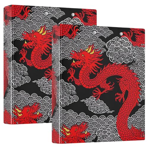 Schwarz-weiße Wolken, rote Drachen, 3 Ringordner, 3,8 cm, D-Ringbuch mit rutschfestem Clip, runder Ringbuch für Schule, Bürobedarf, 2 Stück von CHIFIGNO