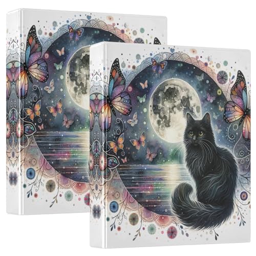 Schwarze Katze, bunte Schmetterlinge, 3 Ringbücher, 3,8 cm, mit 3 Innentaschen, 3 Ringordner, dekorativer Basisordner für Schulbedarf, 2 Stück Schwarze Katze, bunte Schmetterlinge, 3 Ringbücher, 3,8 cm, mit 3 Innentaschen, 3 Ringordner, dekorativer Basisordner für Schulbedarf, 2 Stück von CHIFIGNO