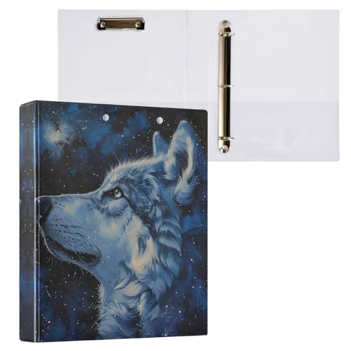 Starry Blue Wolf Ordner mit 3 Ringen, 3,8 cm, dekorativer niedlicher Ordner mit 3 Innentaschen, D-Ringbuch für Schule, Büro, Zuhause, 1 Stück von CHIFIGNO