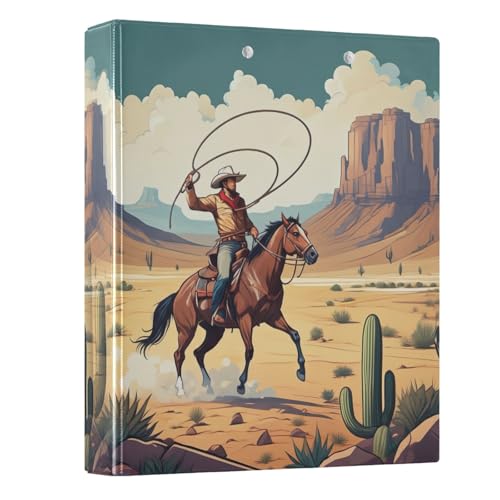 Vintage Cowboy Horse Desert 3,5 cm Ordner mit 3 Ringen, Notizbuch mit Anti-Rutsch-Clip, dekorativer Drei-Ringordner für Schule, Büro, Zuhause, 1 Stück von CHIFIGNO