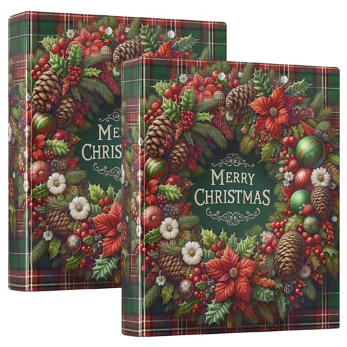 Weihnachtskranz, Blumen, rot und grün, kariert, 3,8 cm, 3-Ring-Ordner, Notizbuch mit rutschfestem Metallclip, drei Ringbücher, dekorativ für Schule, Bürobedarf, 2 Stück Weihnachtskranz, Blumen, rot und grün, kariert, 3,8 cm, 3-Ring-Ordner, Notizbuch mit rutschfestem Metallclip, drei Ringbücher, dekorativ für Schule, Bürobedarf, 2 Stück von CHIFIGNO