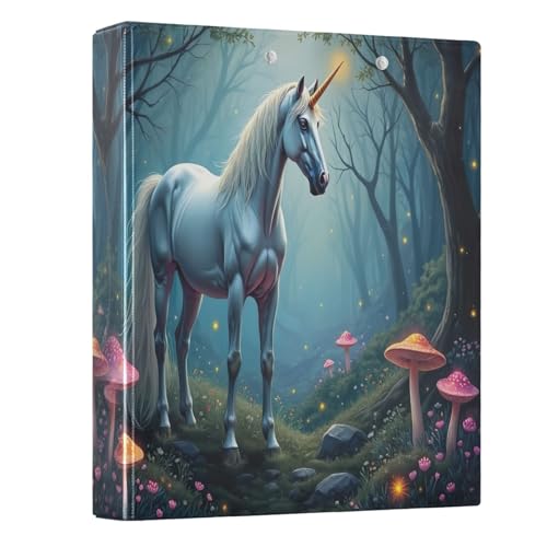Weiße Einhorn-Ordner mit bunten Pilzen, 3,5 cm, 3 Ringe, vielseitige Ordner mit 3 Innentaschen, dekoratives süßes Drei-Ringbuch für Schulbedarf, 1 Packung von CHIFIGNO