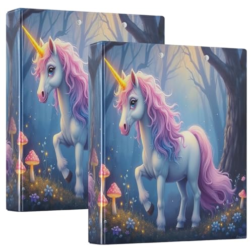 Weiße Einhorn-Ordner mit bunten Pilzen, 3,8 cm, 3 Ringe mit 3 Innentaschen, 3-Ringordner, dekorativer Ordner, Organizer für Schule, Büro, 2 Stück von CHIFIGNO