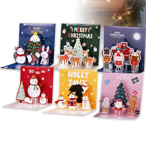 CHIHOLEN 6 Stück 3D Weihnachtskarte Pop-Up Karte, Lustige 3D Weihnachtskarten mit Umschlag und Aufklebern, Klappkarten Weihnachten Postkarten Karten mit Unterschiedlichen Pop Up Motiven von CHIHOLEN