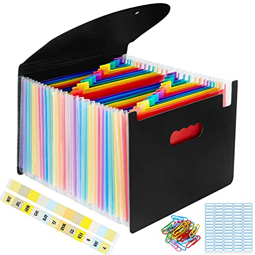 Dokumentenmappe A4 mit Deckel, Fächermappe Regenbogen Ordner Akkordeon Aktenordner mit Etiketten, Ordnungsmappe mit 24 Fächern (Schwarz) von CHILLSILA