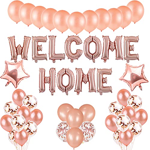 CHINPING Luftballons Willkommen Zuhause Deko Roségold Luftballons Set Zur Geburt Mädchen, Helium Buchstaben Folienballons Welcome Home Banner Girlande, Rose Gold Latex Ballons für Baby Junge Hause von CHINPING