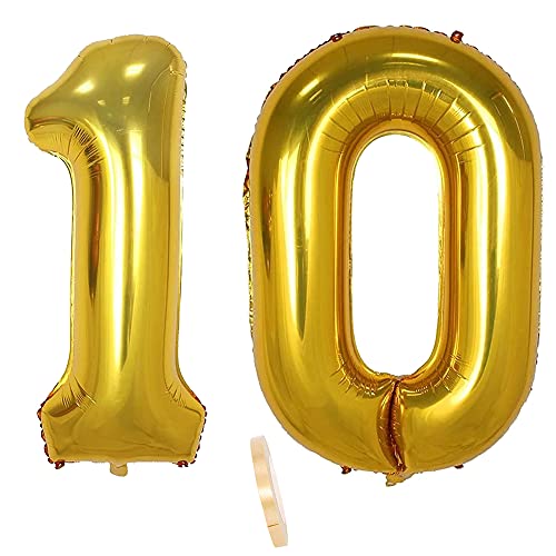 Folienballon Zahl Deko Gold 10 für Mädchen Junge Jungs,XXL 100cm Riesen Nummer Aufblasbar Helium Ballon Figuren Zahlen Luftballons für 10. Jahre Kinder Geburtstag Hochzeit Jubiläum Party Dekoration von CHINPING