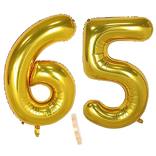 Folienballon Zahl Deko Gold 65 für Frauen Männer, XXL 100cm Riesen Nummer Aufblasbar Helium Ballon Figuren Zahlen Luftballons für 65. Jahre Mann Frau Geburtstag Hochzeit Jubiläum Party Dekoration von CHINPING