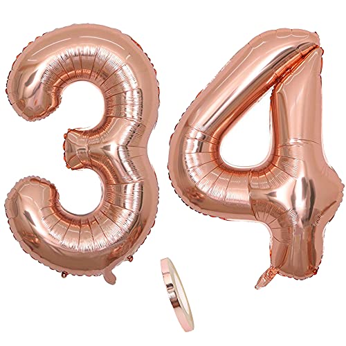 Folienballon Zahl Deko Rose Gold 34 für Frau Frauen, XXL 100cm Riesen Nummer Aufblasbar Helium Ballon Figuren Zahlen Luftballons Geschenk für 34. Jahre Geburtstag Hochzeit Jubiläum Party Dekoration von CHINPING