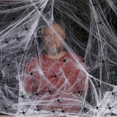 Halloween Deko,Halloween Spinnennetz Dekoration, 60g Dehnbare Spinnennetz Halloween Dekoration mit 30 künstlichen Spinnen für Halloween Dekorationen,Spukhaus-Dekoration,Gruselszene, Partyzubehör von CHINS