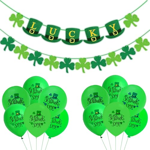 St. Patrick's Day Dekorationen, St. Patrick's Day Banner Dekor, irische Filz-Kleeblatt-Girlande, Banner Wimpelkette für St. Patrick's Day Dekoration, irisches Partyzubehör, 2 Banner und 12 Luftballons von CHINS