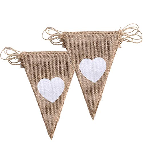 ManYee Bannergirlande Hochzeit aus Segeltuch Banner aus Jute rustikal Bunting Dreiecksflagge Motiv Herz weiß für Party Hochzeit Geburtstag (2 Stück) von ManYee