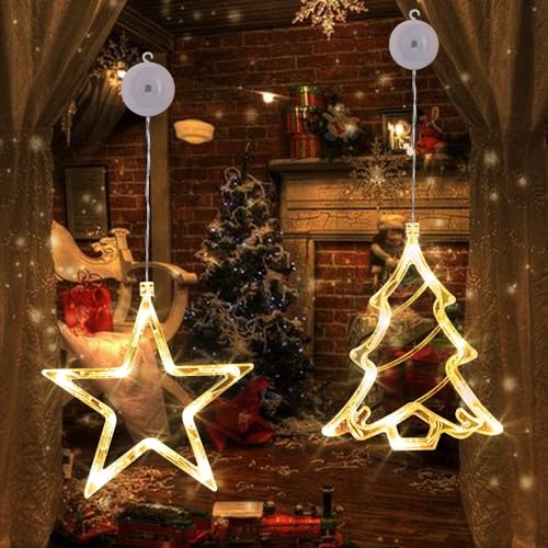LED Sterne Weihnachtsbaum Weihnachtsbeleuchtung, LED Fenster Lichterkette Batteriebetriebene mit Saugnäpfe, Warmweiß Weihnachtsstern Innen für Weihnachtsdeko Türen Schaufenster Party Hochzeit Balkon von CHMMY
