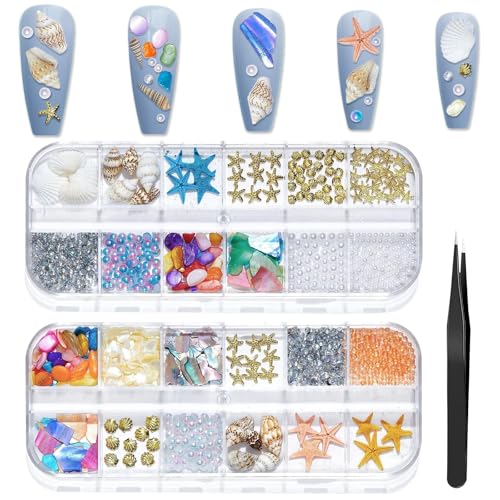 Nail Charms Ocean, 2 Boxen Sommer Nail Art Strasssteine für Nägel, 24 Typen Diamanten für Nagelkunst, Perlen für Nägel Muscheln Seestern Nägel, Sommer Strand Nagel Strass für Nagel Dekorationen DIY von CHONGQILAO