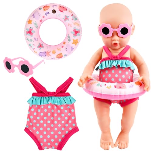 Schwimm-Set für Puppen, Puppenkleidung Sommer Puppenzubehör Kleidung Outfits für Baby Puppen Schwimmset für Puppen mit Badeanzug Schwimmring Sonnenbrille für 35-45 cm New Born Baby Puppen von CHONGQILAO