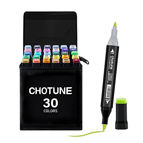 CHOTUNE 30 Farben Marker Set, 2023 Neueste Permanenter Marker, Einzigartiges Doppelkopf-Design, Ausgestattet mit Schwarzer Tragetasche Lagerbasis für Manga Skizzieren Zeichnung von CHOTUNE