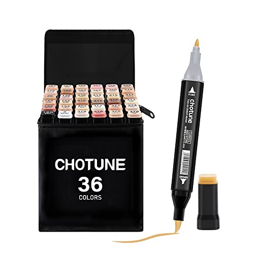 CHOTUNE 36 Hauttöne Marker Set, 2023 Neueste Permanenter Marker, Einzigartiges Doppelkopf-Design, Ausgestattet mit Schwarzer Tragetasche Lagerbasis für Manga Skizzieren Zeichnung von CHOTUNE