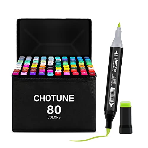 CHOTUNE 80 Farben Marker Set, 2023 Neueste Permanenter Marker, Einzigartiges Doppelkopf-Design, Ausgestattet mit Schwarzer Tragetasche Lagerbasis für Manga Skizzieren Zeichnung von CHOTUNE