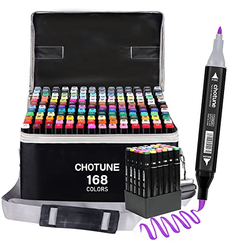 CHOTUNE Alkohol Marker Set, 168 Farben Weiche Bürste und Fein Doppelte Spitze Sketch Zeichenmarker, Einfaches Mischen zum Skizzieren und Illustrieren mit Schwarzer Handtasche und Basis von CHOTUNE