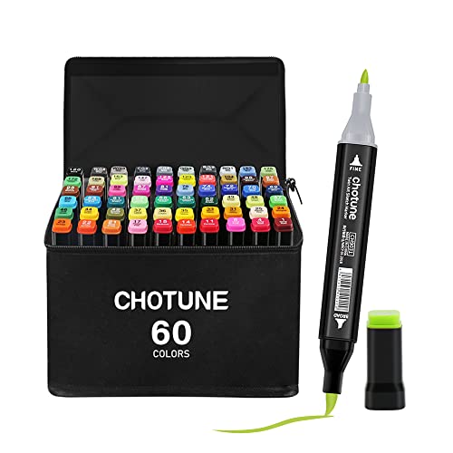 CHOTUNE Alkohol Marker Set, 60 Farben Weiche Bürste und Fein Doppelte Spitze Sketch Zeichenmarker, Einfaches Mischen zum Skizzieren und Illustrieren mit Schwarzer Handtasche und Basis von CHOTUNE