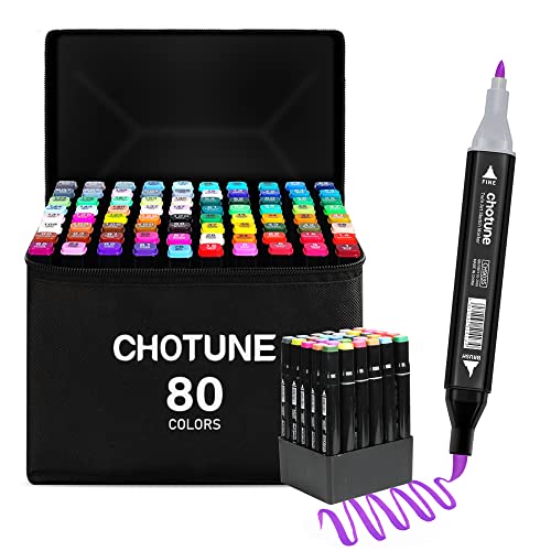 CHOTUNE Alkohol Marker Set, 80 Farben Weiche Bürste und Fein Doppelte Spitze Sketch Zeichenmarker, Einfaches Mischen zum Skizzieren und Illustrieren mit Schwarzer Handtasche und Basis von CHOTUNE