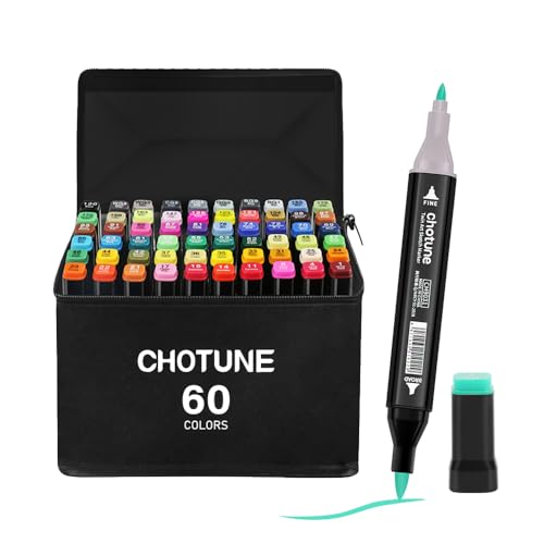 CHOTUNE Markierungsstift,60 Farben Alkoholmarker,neuestes Modell von Markern mit feiner Spitze und Pinselspitze mit Sockel und Tragetasche,geeignet für Comics, Anime-Illustrationen oder Kalligraphie von CHOTUNE
