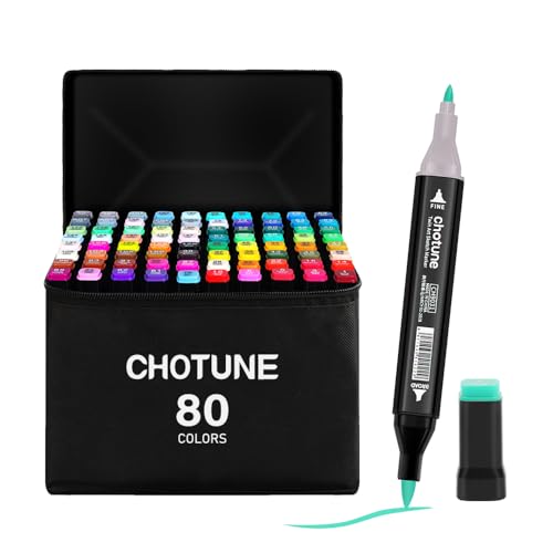 CHOTUNE Markierungsstift,80 Farben Alkoholmarker,neuestes Modell von Markern mit feiner Spitze und Pinselspitze mit Sockel und Tragetasche,geeignet für Comics, Anime-Illustrationen oder Kalligraphie von CHOTUNE