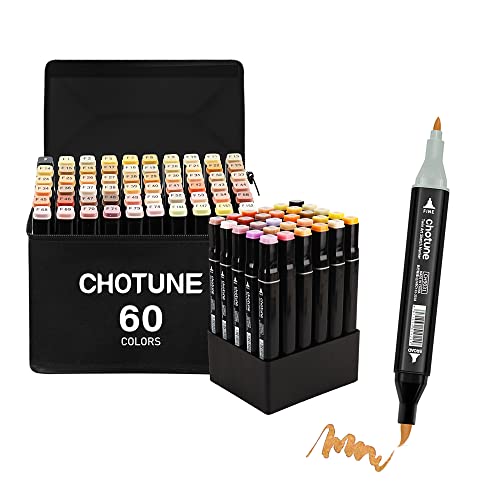 CHOTUNE Professionelles Hautton-Alkoholmarker-Set in 60 Farben.Neueste Permanentmarker, feine Spitzen und Pinselspitzen, mit schwarzer Tragetasche als Aufbewahrungsbasis. (60) von CHOTUNE