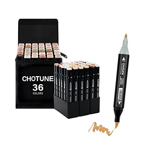 CHOTUNE Professionelles Hautton-Alkoholmarker-Set in 36 Farben.Neueste Permanentmarker, feine Spitzen und Pinselspitzen, mit schwarzer Tragetasche als Aufbewahrungsbasis. (36) von CHOTUNE