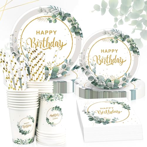 Geburtstagsdeko Partygeschirr Set 125 STK für 25 Gäste, Eukalyptus Party Geschirrset Geburtstag Deko Happy Birthday Deko Frauen Kindergeburtstag von CHRI