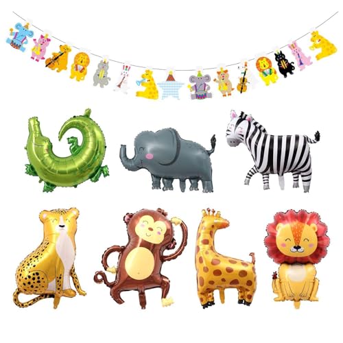 CHROMACRAFT 7 Stück Cartoon-Tierballons Und 1 Stück Tierflagge, Niedliche Luftballons, Tierthema-Partydekorationen, Kinderballons von CHROMACRAFT