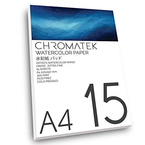 A4-Aquarellblock, extra fein, 15 Blatt, 300 g/m², kaltgepresst, säurefrei, professionelles Papier für Aquarellfarben und Aquarellstifte, von Chromatek A4-Aquarellblock, extra fein, 15 Blatt, 300 g/m², kaltgepresst, säurefrei, professionelles Papier für Aquarellfarben und Aquarellstifte, von Chromatek von CHROMATEK