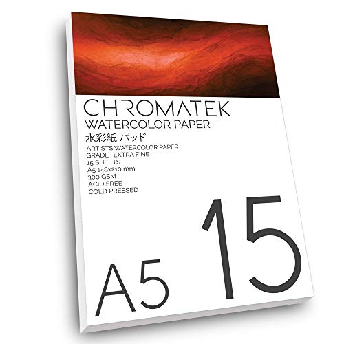 A5-Aquarellblock, extra fein, 15 Blatt, 300 g/m², kaltgepresst, säurefrei, professionelles Papier für Aquarellfarben und Aquarellstifte, von Chromatek A5-Aquarellblock, extra fein, 15 Blatt, 300 g/m², kaltgepresst, säurefrei, professionelles Papier für Aquarellfarben und Aquarellstifte, von Chromatek von CHROMATEK