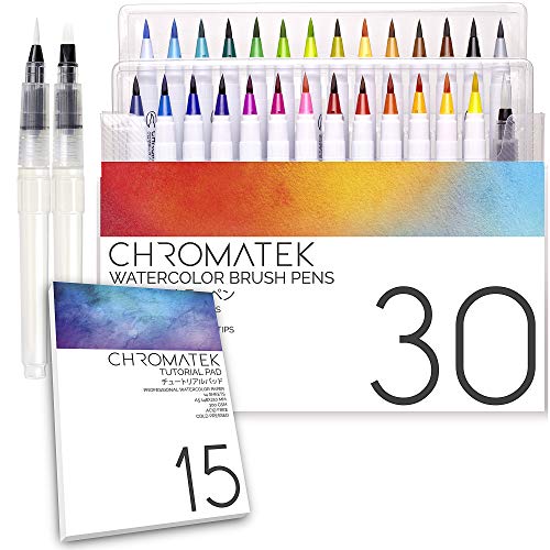 Aquarellstifte Brush Pen Set für Malen - 27 Pinselstifte, 3 Mischpinsel, 15-seitiger Block, Online Video Tutorial Serie von Chromatek - 27 einzigartige Farben - Handlettering Set - Wasserfarben Stifte von CHROMATEK