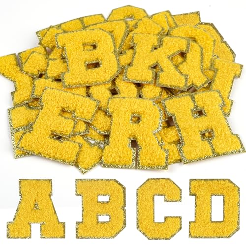 CHRORINE 26/52/104 Stück Selbstklebende Chenille Buchstabenflicken A-Z, Kann auch Nähen oder Bügeln, Bestickte Alphabet Patch Aufkleber für DIY Kleidung, Taschen, Hüte (26, Gelb, Höhe 2,16″) von CHRORINE
