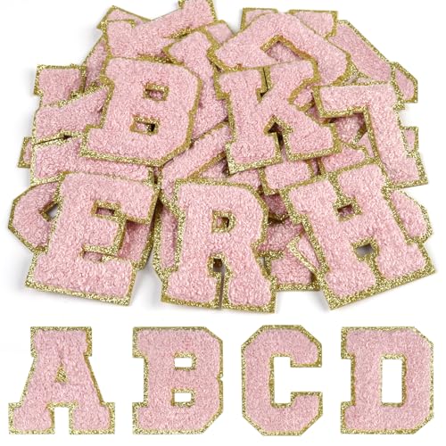 CHRORINE 26/52/104 Stück Selbstklebende Chenille Buchstabenflicken A-Z, Kann auch Nähen oder Bügeln, Bestickte Alphabet Patch Aufkleber für DIY Kleidung, Taschen, Hüte (26, Hellrosa, Höhe 2,16″) von CHRORINE