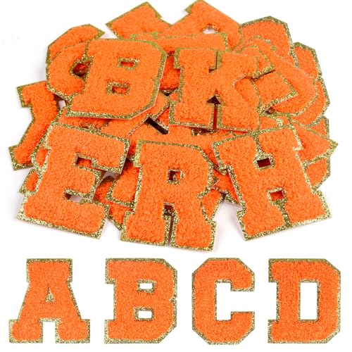 CHRORINE 26/52/104 Stück Selbstklebende Chenille Buchstabenflicken A-Z, Kann auch Nähen oder Bügeln, Bestickte Alphabet Patch Aufkleber für DIY Kleidung, Taschen, Hüte (26, Orange, Höhe 2,16″) von CHRORINE