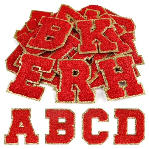 CHRORINE 26/52/104 Stück Selbstklebende Chenille Buchstabenflicken A-Z, Kann auch Nähen oder Bügeln, Bestickte Alphabet Patch Aufkleber für DIY Kleidung, Taschen, Hüte (26, Rot, Höhe 2,16″) von CHRORINE
